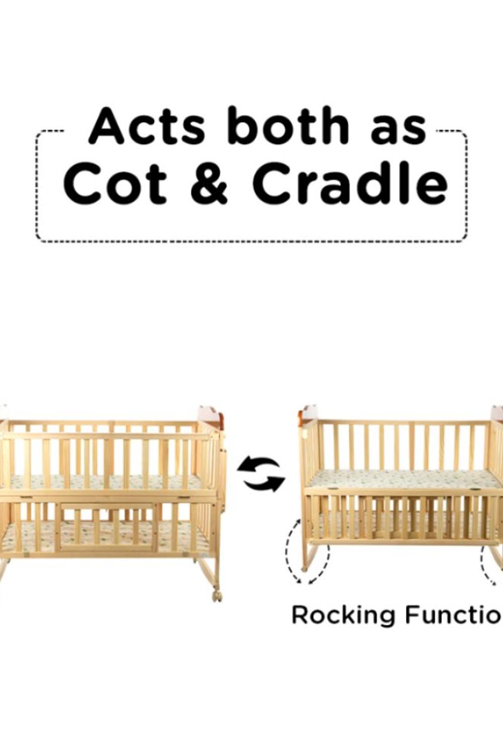Beige Baby Wooden Cot with Swing and Mosquito Net